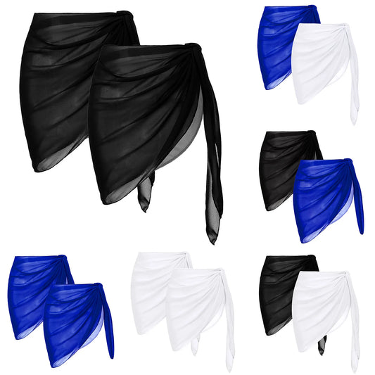 2 PCS Set Women Girls Beach Mini Sarong Skirt Summer Ultra Thin Sheer Mesh Bandage Cover Ups Women Swimwear Solid Color Sunscreen Scarf Pareo Female Ladies Summer Swimming Fashion Apparel Supplies