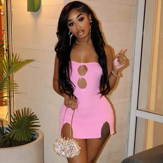 NEW Arrivals UK Size Pink/Silver Y2K Sexy Mini Dress Women Summer Evening Beach Party Hottie Hollow Out Strapless Solid Color Pullover Dresses Streetwear Girls Night Club Sexy Outfits