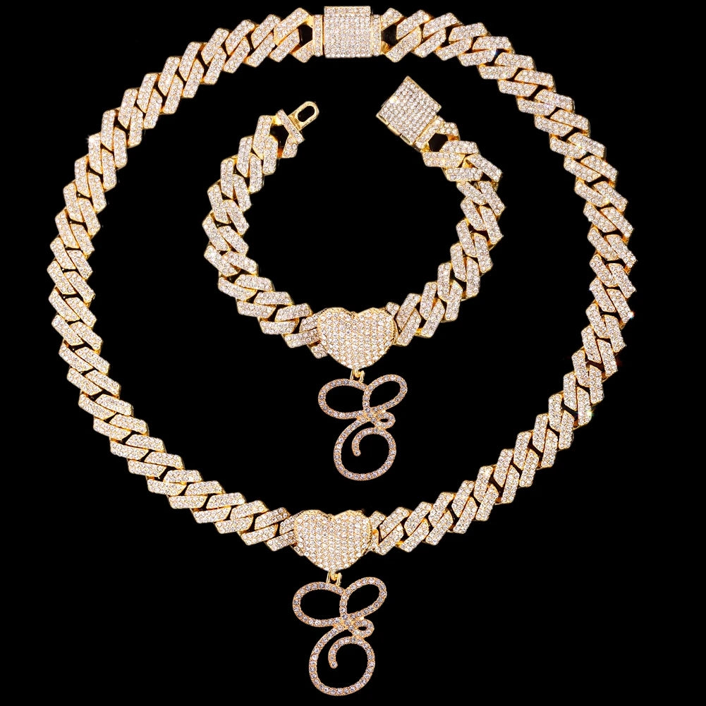 2 PCS Set New Fashion A-Z Initial Cursive Letter Luxury Rhinestones Pendant Cuban Necklace for Women Iced Out Cuban Link Chain Necklace Set Jewelry