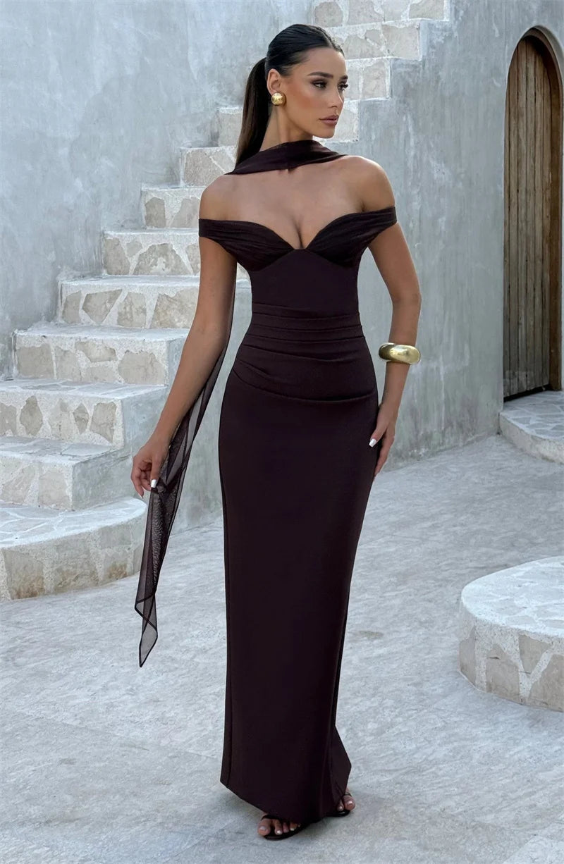 UK Size Black/Brown/Pink Color Scarf Collar Off-Shoulder Sexy Maxi Dress Women Gown Fashion With Sleeve Strapless Backless Club Party Long Dresses