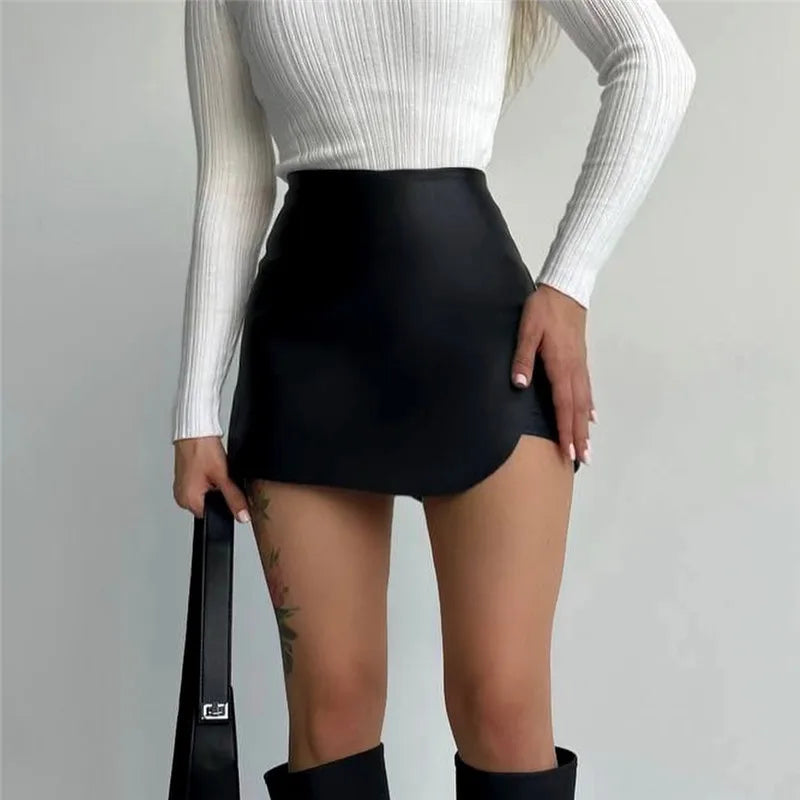 NEW Arrivals Silver/Brown/Black  Women Shorts High Waist Sexy Elegant PU  Leather Skirts Office Lady A-Line Asymmetrical Bottom Evening Party Night Clubwear Workwear Girls Sexy Apparel Accessories