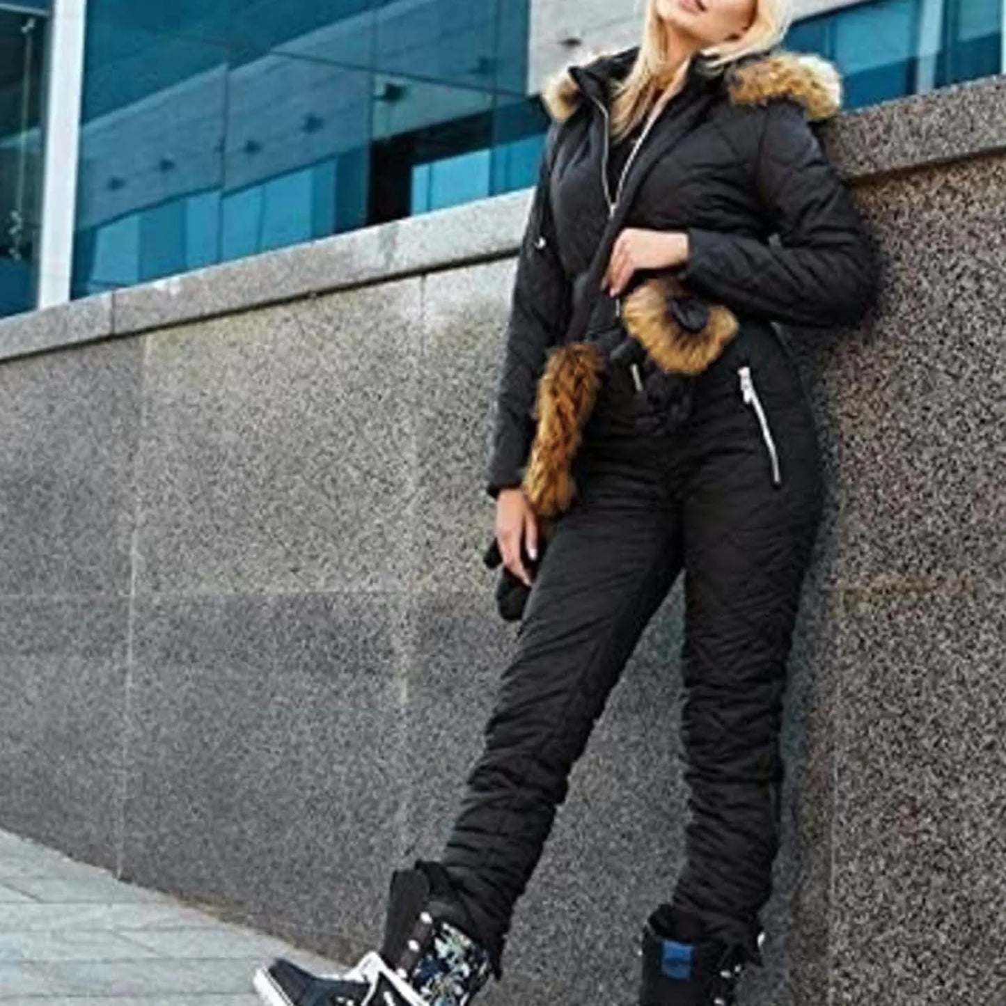 Women Ski Jumpsuit Winter Outdoor Sports Snowsuit Faux Wool Collar Coat Jumpsuit With Hoodies Ski Jackets And Pants Sports Apparel Clothing Products