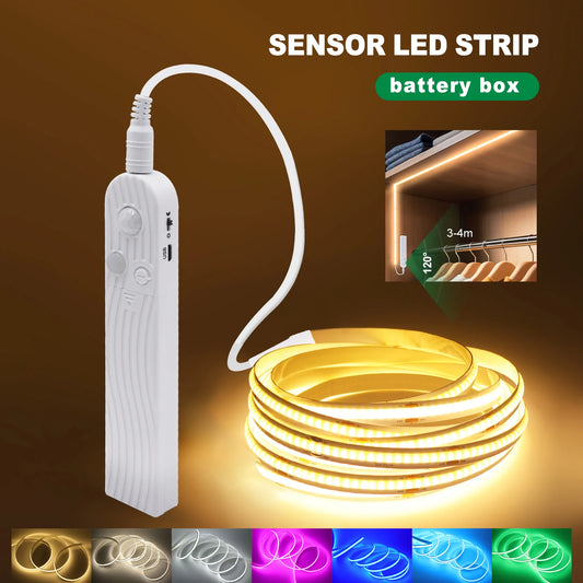 NEW Arrivals 5M 10 Colors 8MM COB Led Strip 5V with Motion Sensor Battery Powered 320LEDs/M USB Induction Night Light Warm White Red Ice Blue Green Yellow Home Living Room Bedroom Decor
