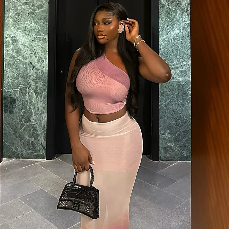 2 PCS Suit UK Size Purple/Pink Color Sister Star Fresh Fashion Neckless Wrap Hip Tight Gradient Color Slant Neck Slightly Transparent Long Dress Two Piece Set