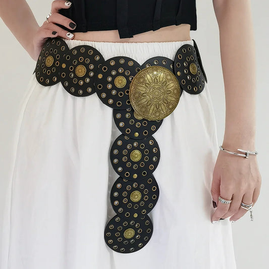 NEW Arrivals Vintage Women's Western Denim PU Leather Belt High Quality Metal Hollow Ladies Trend Wide Round Cutout Waistband Personalized Round Belts Ladies Girls Luxury Fashion Apparel Accessories Clothing Supplies