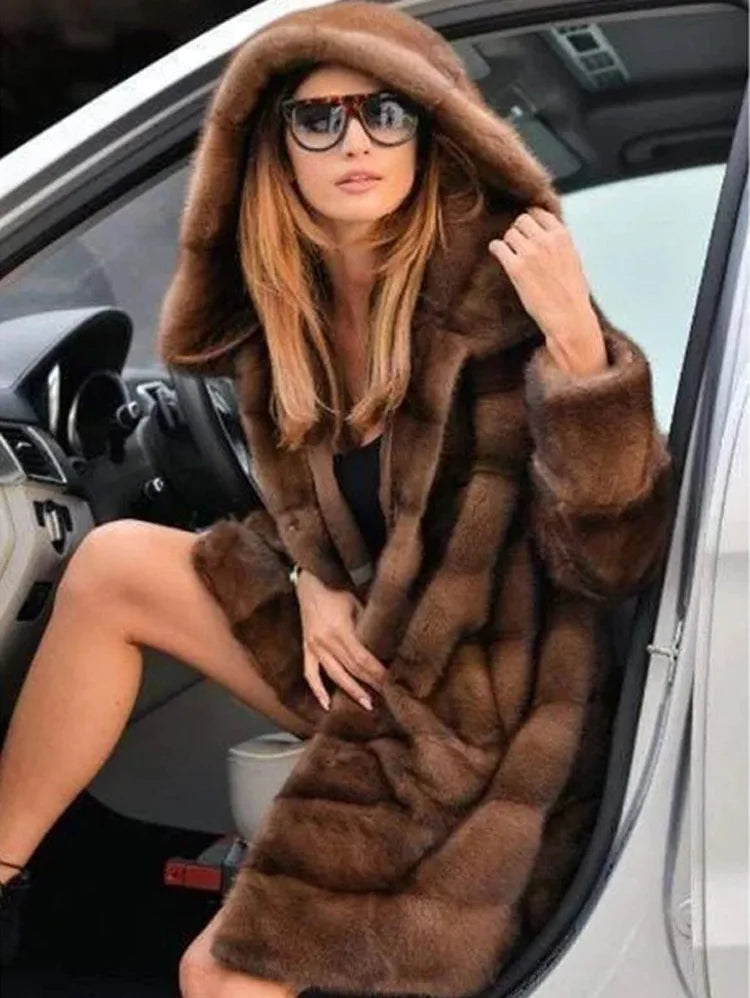 NEW Arrivals UK S-3XL Size Women Faux Fox Fur Mid Length Coats Thick Warm Open Stitch Coat Hooded Full Sleeve Casual Elegant Splice Autumn Winter Warm Outerwear