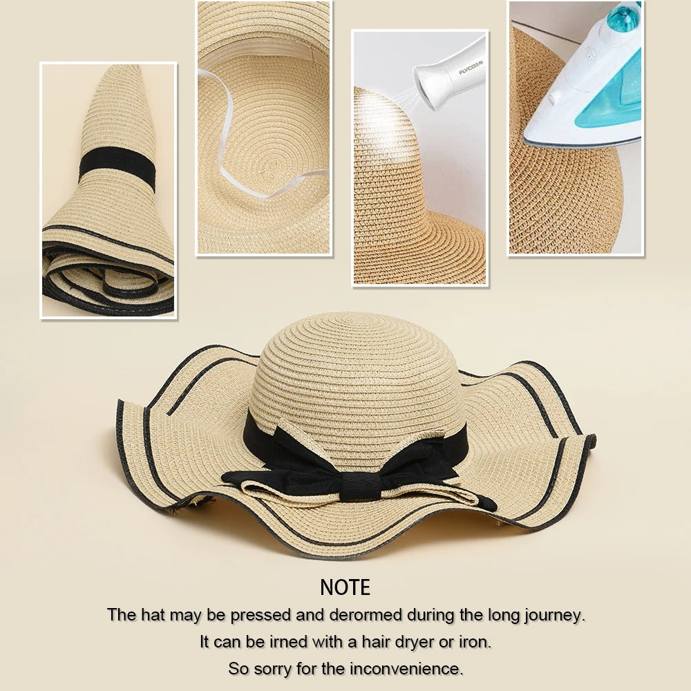 Summer Hats For Women Sun Hat Beach Ladies Fashion Flat Bowknot Panama Lady Casual Sun Hats For Women Straw Hat