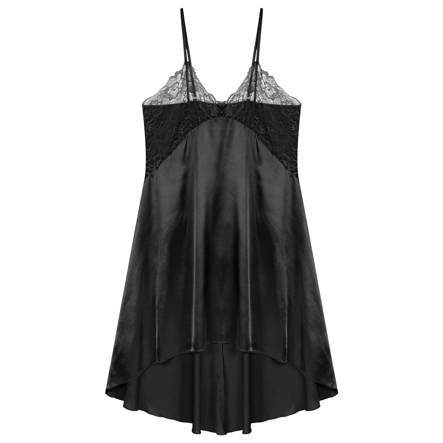 Mens Sissy Satin Nightdress Cross-Dressing Nightwear Sheer Lace Robe Patchwork Irregular Hem Adjustable Straps Dress Sleepwear