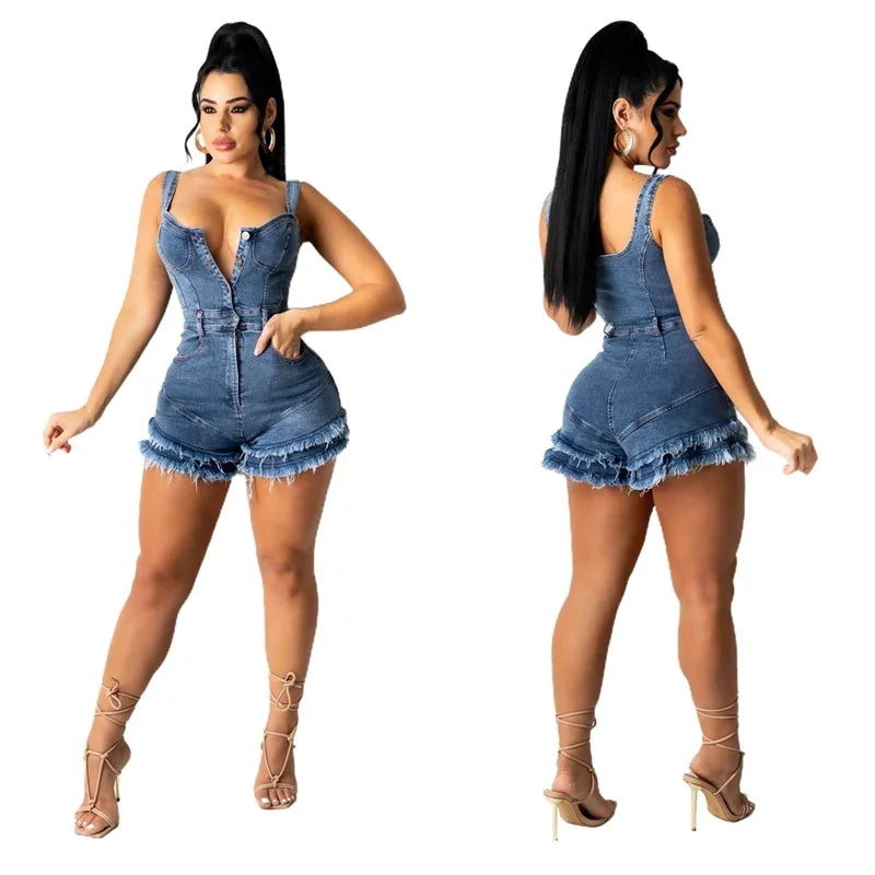 Sexy Slim Burrs Tassel Strap Jeans Jumpsuit Denim Playsuit Women  Buttons Elegance Cotton Jeans Woman Ladies Short Rompers