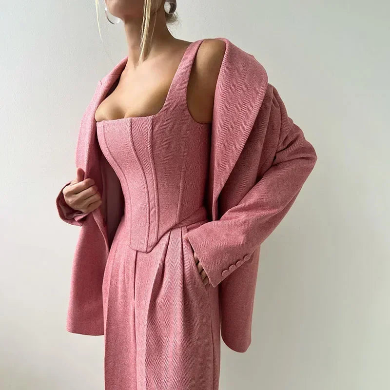 NEW Arrivals 3PCS Set UK Size Gray/Pink Color Luxury Women Top Blazer Pants Solid One Button Jacket Crop Tops High Waist Pocket Pant Evening Party Business Dinner Suit Office Lady Set