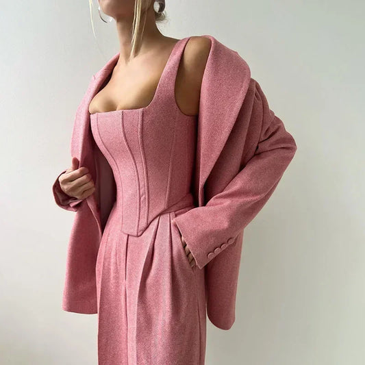 NEW Arrivals 3PCS Set UK Size Gray/Pink Color Luxury Women Top Blazer Pants Solid One Button Jacket Crop Tops High Waist Pocket Pant Evening Party Business Dinner Suit Office Lady Set