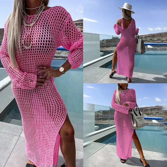 NEW Arrivals 5 Colors Sexy Casual Women's Beach Holiday Style Fishing Net Hollow Crew Neck Long-sleeved Bikini Swimsuit Fishnet Cover Up Split Maxi Dress