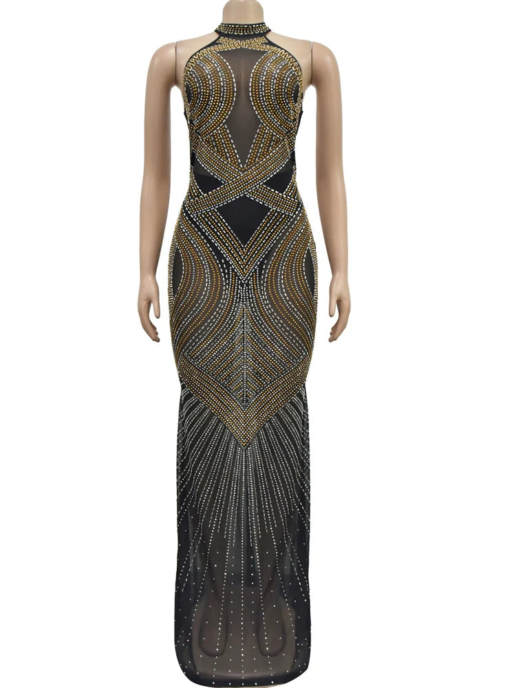 Women's Rhinestones Décor Long Maxi Dress Glam Backless Hallucination Mesh Diamonds Party Dress Celebrities Outfits