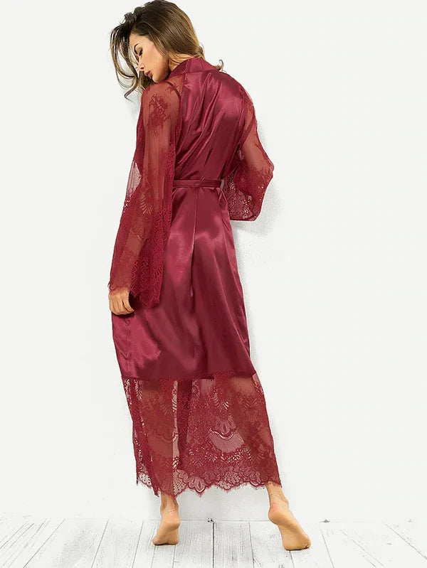 NEW S-2XL 3 Colors Satin Night Robe Long Sleeve V Neck Silk Satin Nightdress For Women Sexy Lingerie Sleepwear Lace Robe Dress Nightgown Pajamas Home Wear Loungewear Apparel