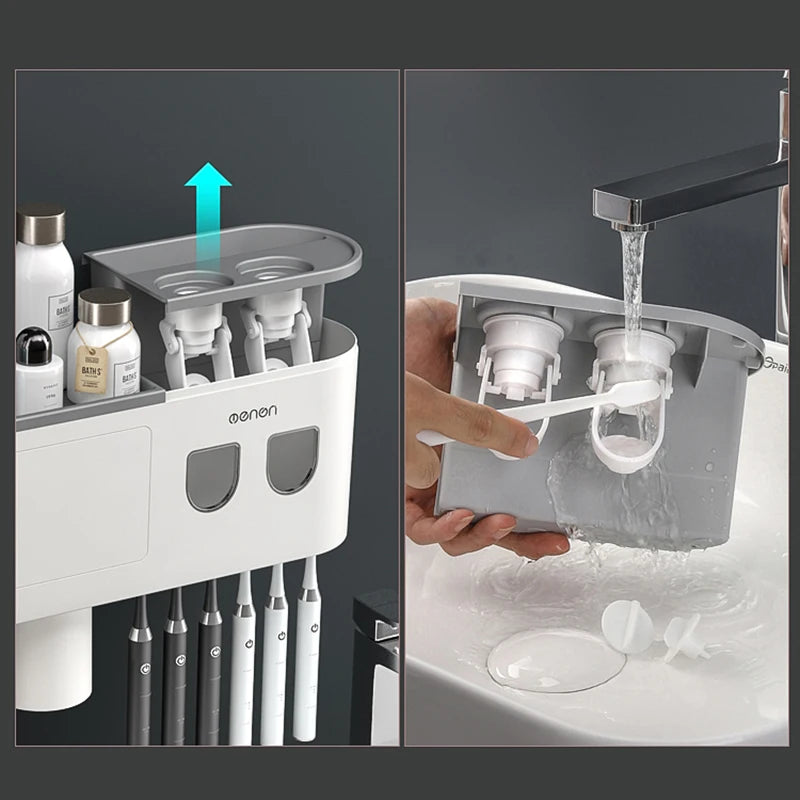NEW Arrivals  Wall Mounted 5 Cups Toothbrush Holder Magnetic Adsorption Inverted Toothpaste Squeezer Double Automatic Toothpaste Dispenser Bathroom Accessories
