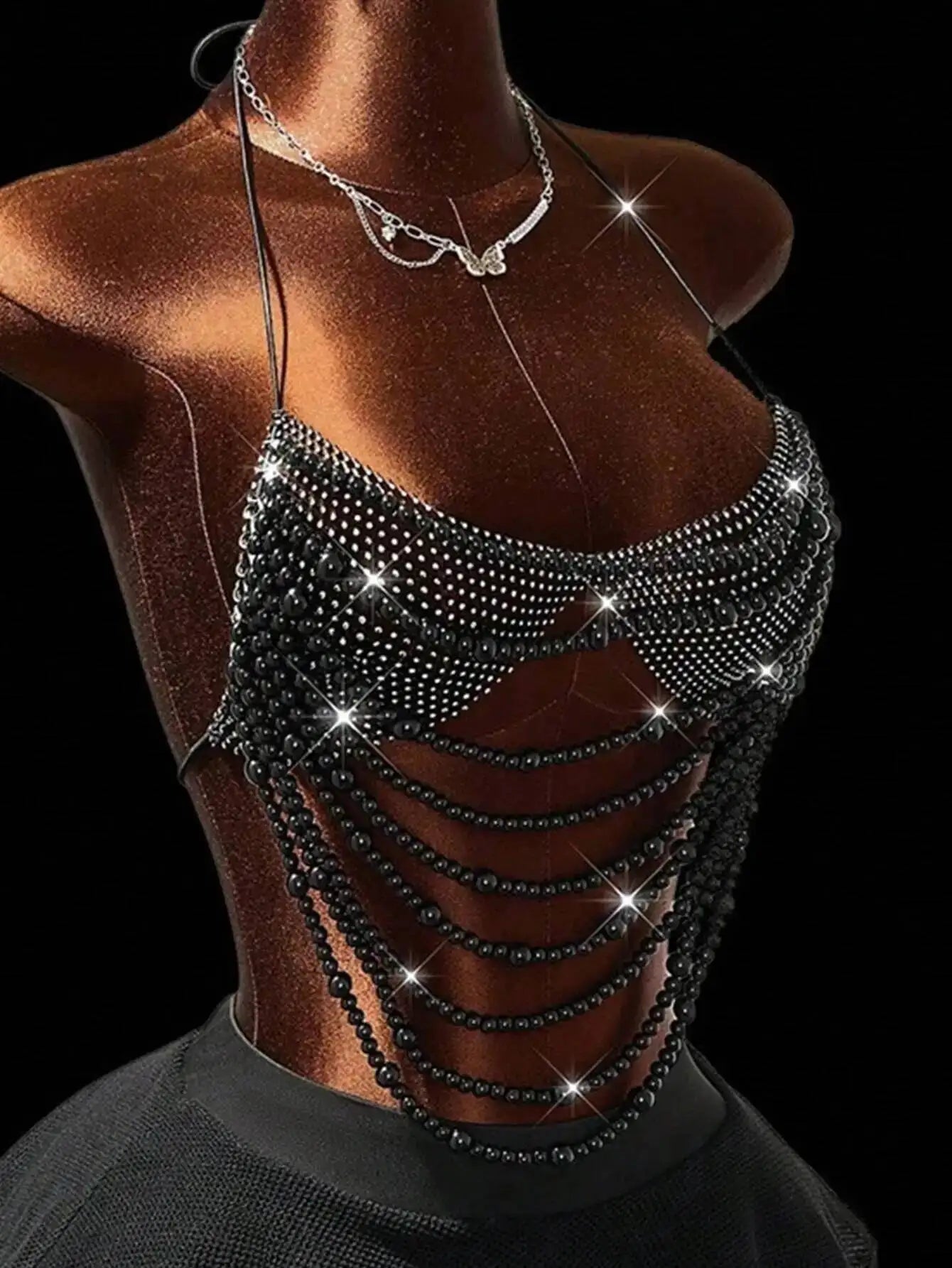 Just Arrived Sexy Black Metal Rhinestone Corset Crop Top Women Summer Evening  Beach Club Party Tops Woman Clothing See Through Pearl Halter Tank Top Ladies Sexy Apparel Accessories