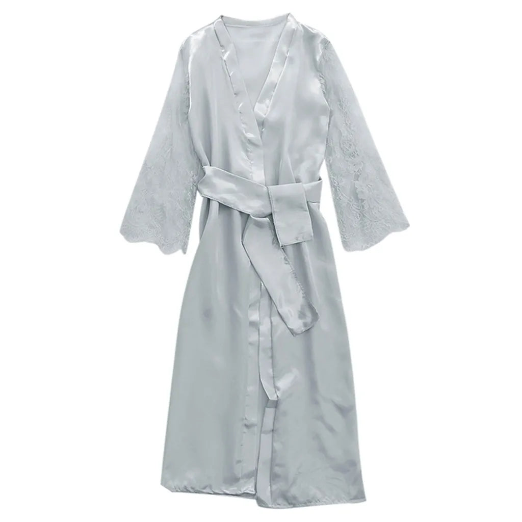 Women Satin Silk Long Nightdress Robe Lace Lingerie Sleepwear Sexy Robe Nightgown Floor Length Female Bathrobes Sleepwear