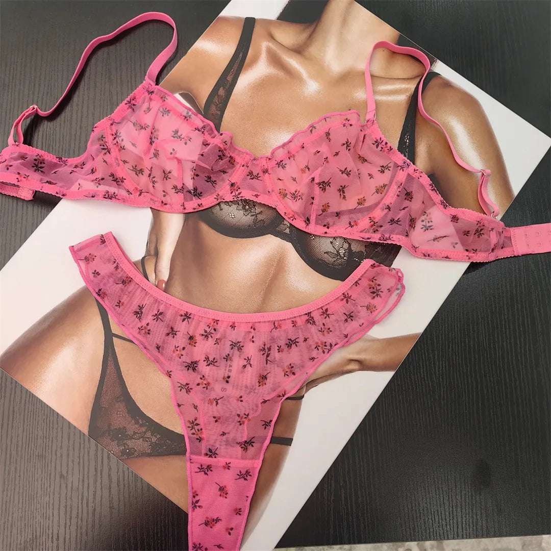 4 Colors New Fashion Floral Suit Women Lingerie Set Fashion Sexy Lace Bra French Ultra Thin Breathable Intimates Bralette Soft Underwear