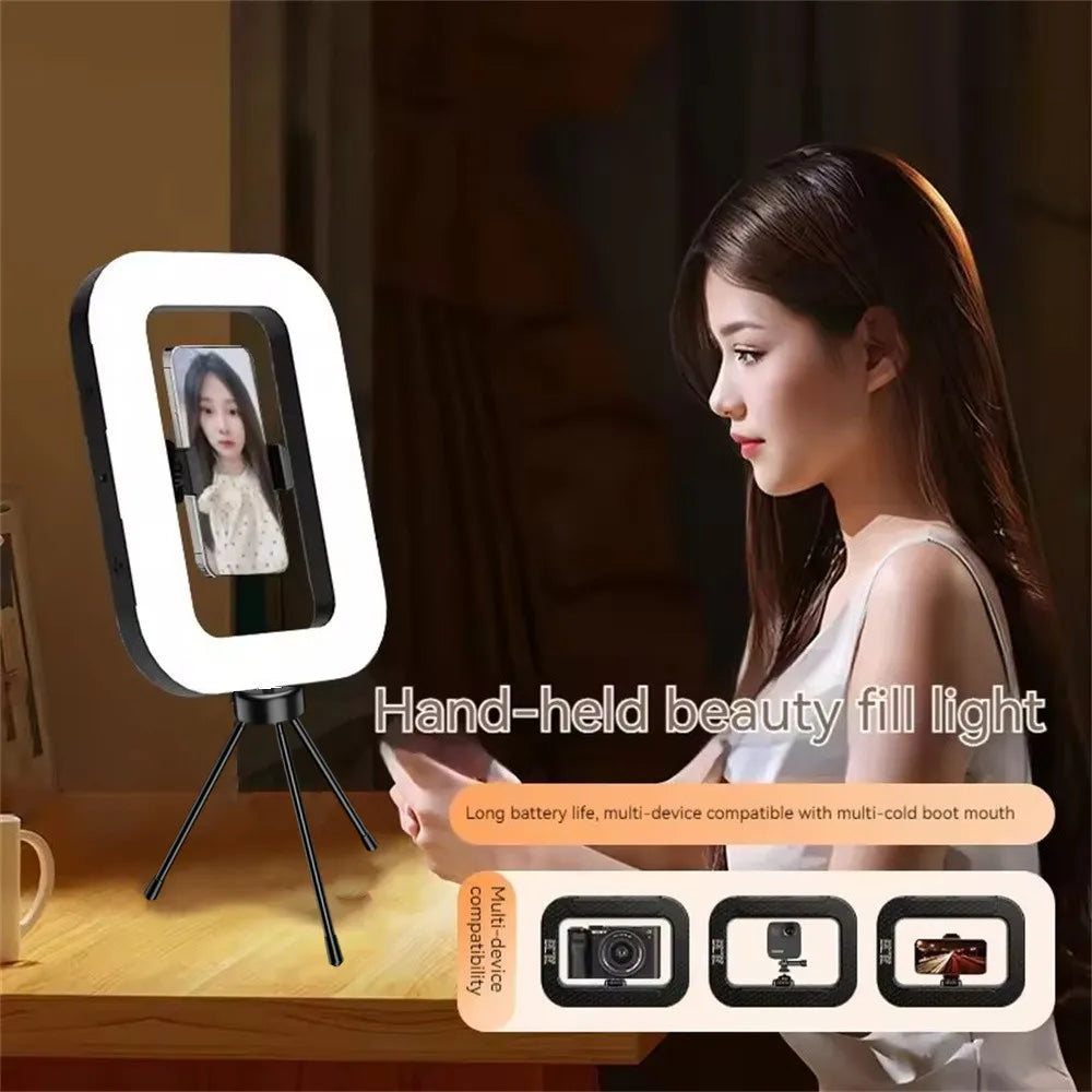 New Pink/Black Color + Tripod Handheld Ring LED Rechargeable Fill light Portable Mobile Phone Live Broadcast Photography Desktop Rabbit Cage Selfie Light