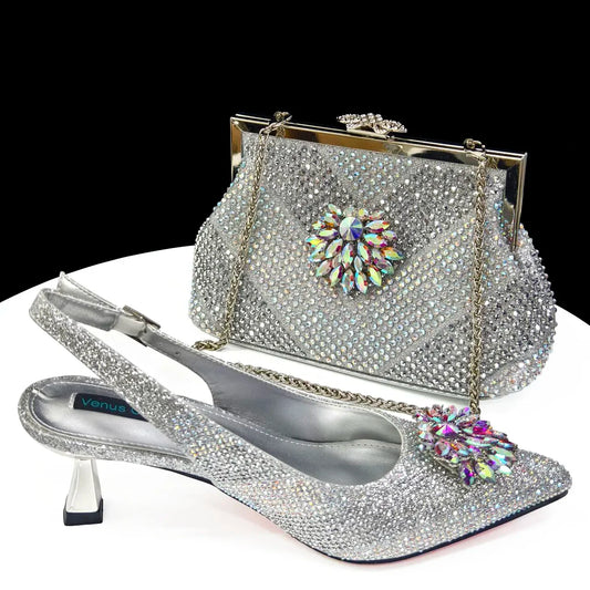 NEW Arrivals 8 Colors Italian Design Rhinestone Luxury Wine Colour Pointed Toe Shoe & Bag Matching Set Women's High Heels Night Club Business Dinner Evening Wedding Birthday Party Ladies Luxury Fashion Apparel Accessories Set
