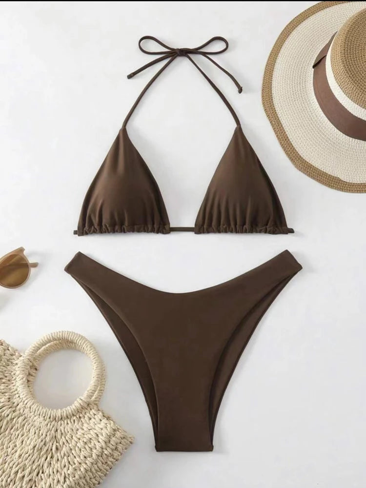 2 PCS Set UK 8-16 Size (S-XL)  8 Colors Women Thong Bikini Sexy Solid White/Black/Coffee Halter Swimsuit Lace Up Brazilian Bathing Suit New Double Fabric Beachwear