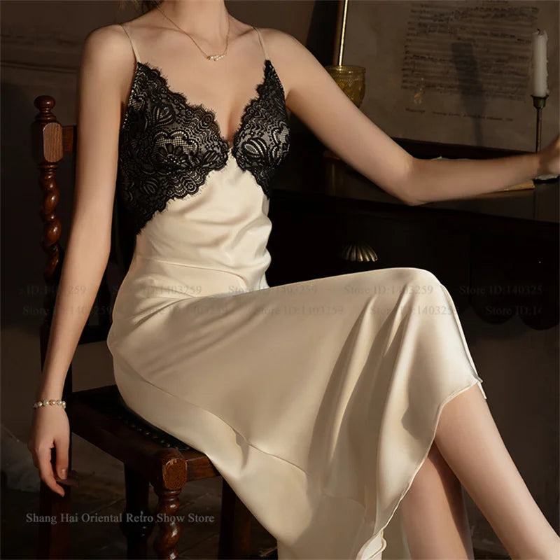 2 PCS Set Sexy Female  Long Robe Nightgown Spring Summer New Silk Satin Sleepwear Nightdress Lingerie Patchwork Lace Home Wear