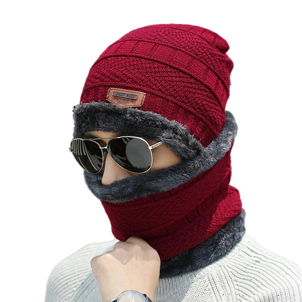 3 PCS Set Winter Fleece Thicken Windproof Hat Gloves Scarf Set Plush Warm Wool Knit Beanies for Men And Women