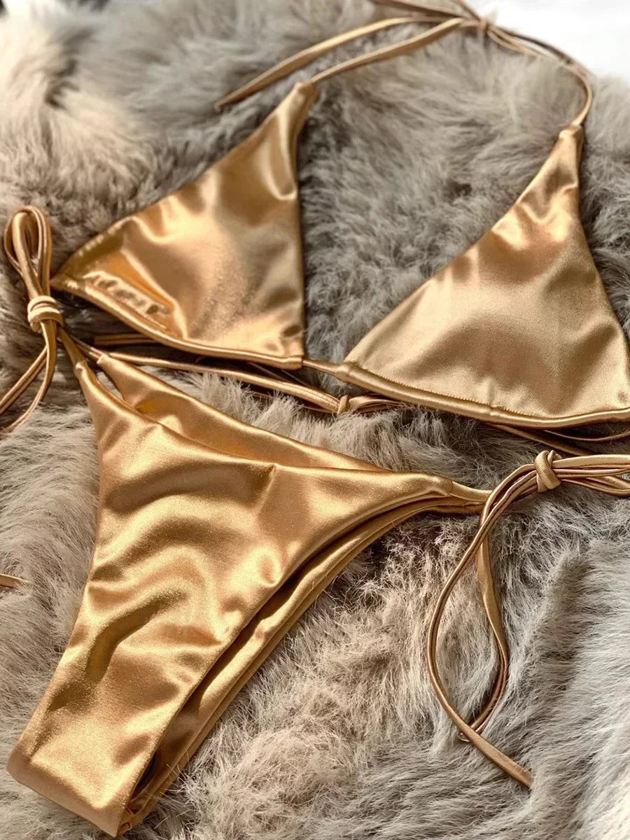 18 Colors UK Size Halter Brazilian Metallic Satin Bikini Women Swimwear Female Swimsuit Two-pieces Bikini Set High Cut Bathing Suit Swim Beachwear