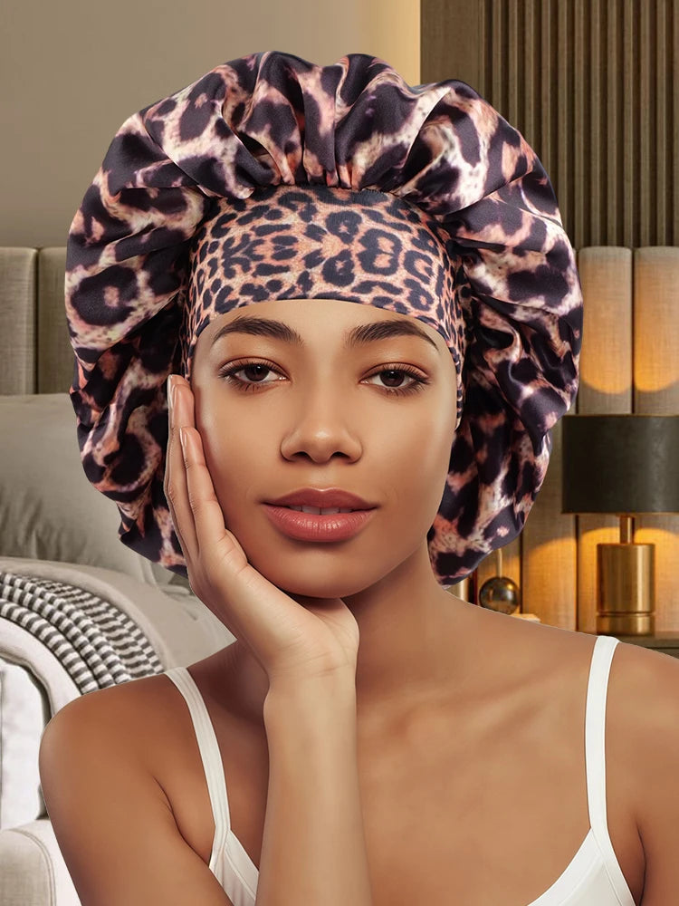 5 Colors Luxurious Women's Satin Sleep Bonnet All-Over Leopard  Nightcap for Hair Care And Fashion Style