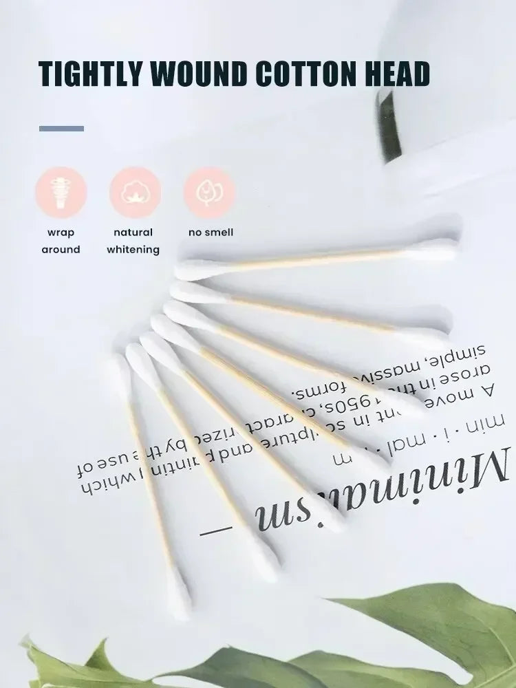 500 PCS Set Bamboo Cotton Swabs with Wooden Sticks, Double Round Tips, Biodegradable Cotton Buds Multi-Purposes Cleaning Hygiene Supplies