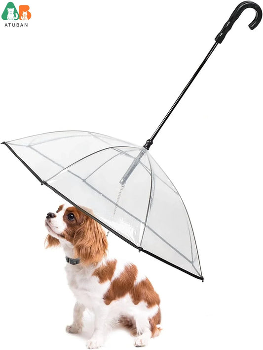 NEW Arrivals Dog Umbrella with Leash for Small Large Pets, Outdoor Walking Hiking Umbrella for Dogs Fits 20” Back Length Pets, J-Shape Handle, Clear Umbrella Surface Pets Accessories