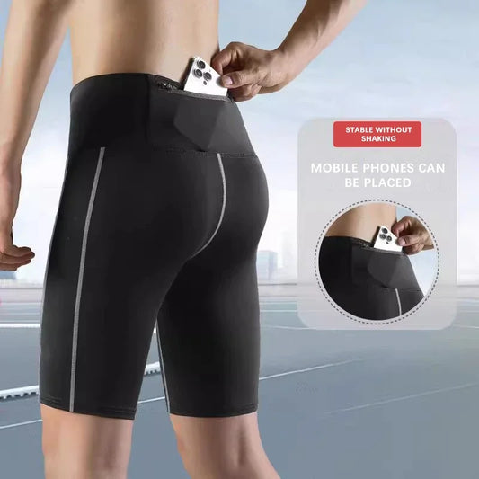 S-3XL Plus Size Black/Gray Color Men's Summer Running Compression Pants, Men's Tight Shorts, Quick-Drying in Five Minutes, Can Hold a Mobile Phone Male Sports Clothing Supplies