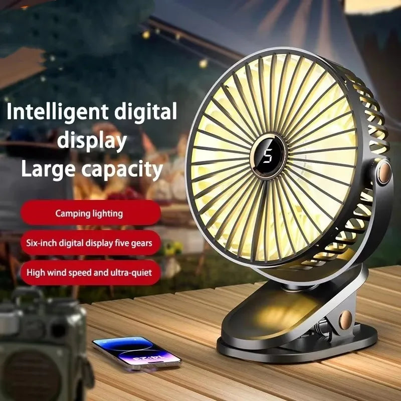 8000mAh Clip-On Whirlwind Fan 5 Speed Quiet Rechargeable Desktop Portable Air Circulator Wireless Fan With LED Light For Home Office Desktop Outdoor Camping Cooling Accessories
