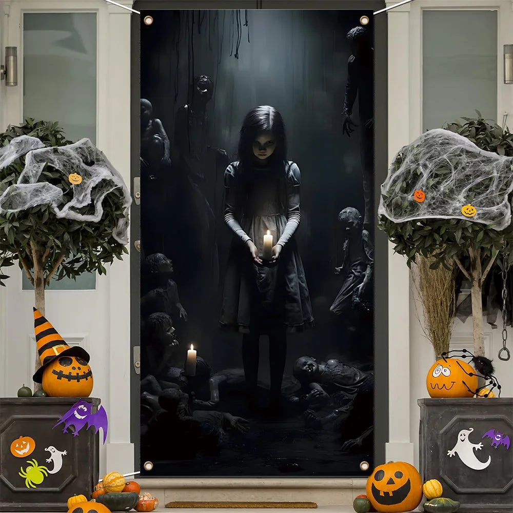 During Halloween to Celebrate the Holiday Season, Spooky Decorations - Spooky Halloween Banners with Ghosts and Candles Haunted House Decoration Supplies
