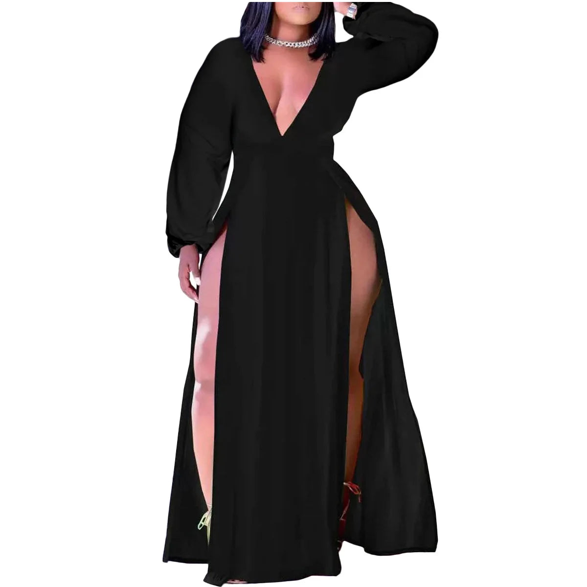 NEW Arrivals XL-5XL Plus Size Pink/Black/Red/ Blue Fall Sexy Dresses Curvy Chubby BBW Women Clothing Solid Long Sleeve V Neck Split Sexy Party Evening Dress Ladies Sexy Fashion Apparel Supplies
