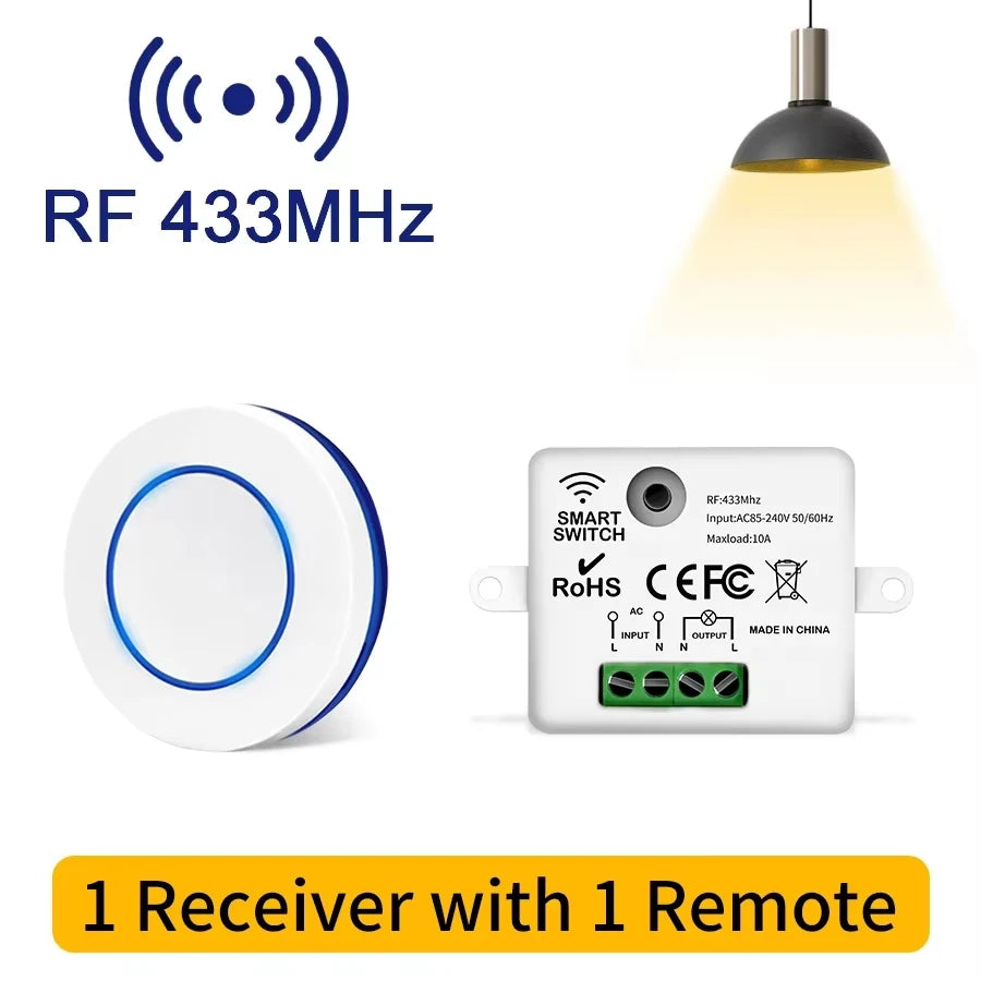 1 Receiver + 2 Remote Control Set RF 433MHz Wireless  10A Relay Receiver Remote Control Light Switch 220V 110V Mini Round Button Wall Panel Switch For LED Lamp