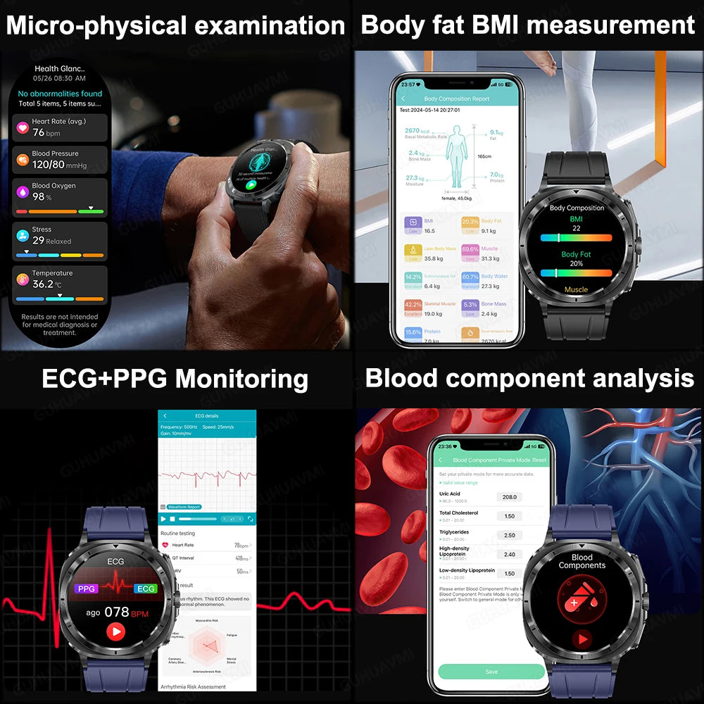 New Laser Therapy ECG Blood Pressure Smart Watch Uric Acid Blood Lipid Organ monitor Clock NFC BT Call Health Watches Men Health Care Supplies