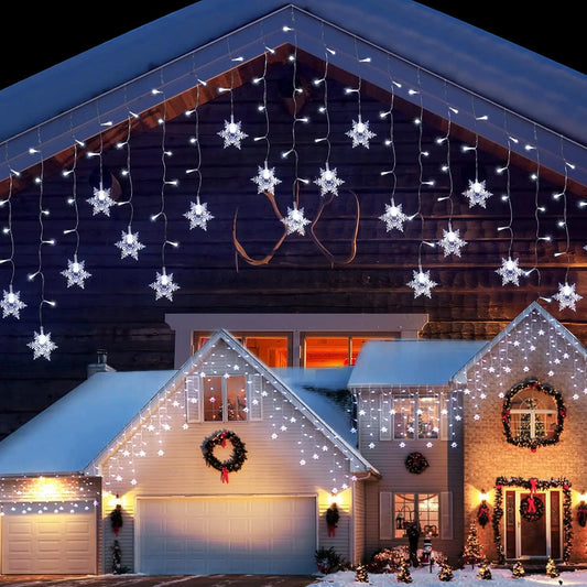 NEW Arrivals 5/10/15/20M Snowflake Multi-Types Christmas Decoration Street Garlands Steady On + 8 Modes on The House LED Icicle Lights Outdoor Waterproof Curtain Fairy String Light Christmas New Year Eve Decoration Supplies