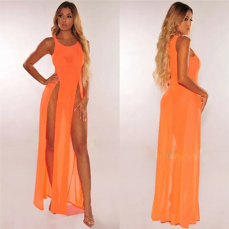 NEW S-XL UK Size  4 Colors Summer Sexy Mesh Sheer Long Dress for Women Bikini Cover Up Beach Sundress Solid See-through Sleeveless Strap Beach Dress