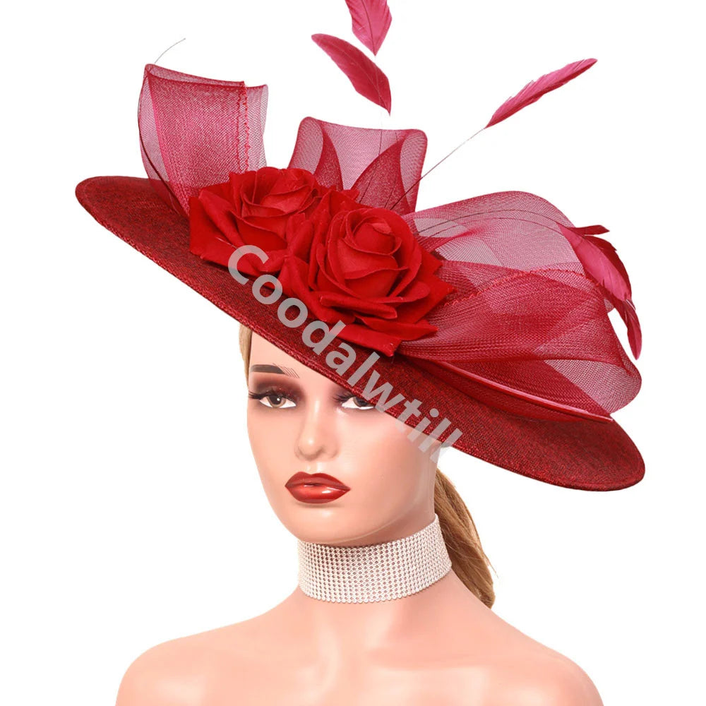 15 Colors Flower Big Royal Ascot Race Ladies Fascinator Luxury Hat Elegant Women Evening Wedding Party Business Dinner Opera Concert Red Carpet Headpiece Bride Wedding Headwear Apparel Accessories
