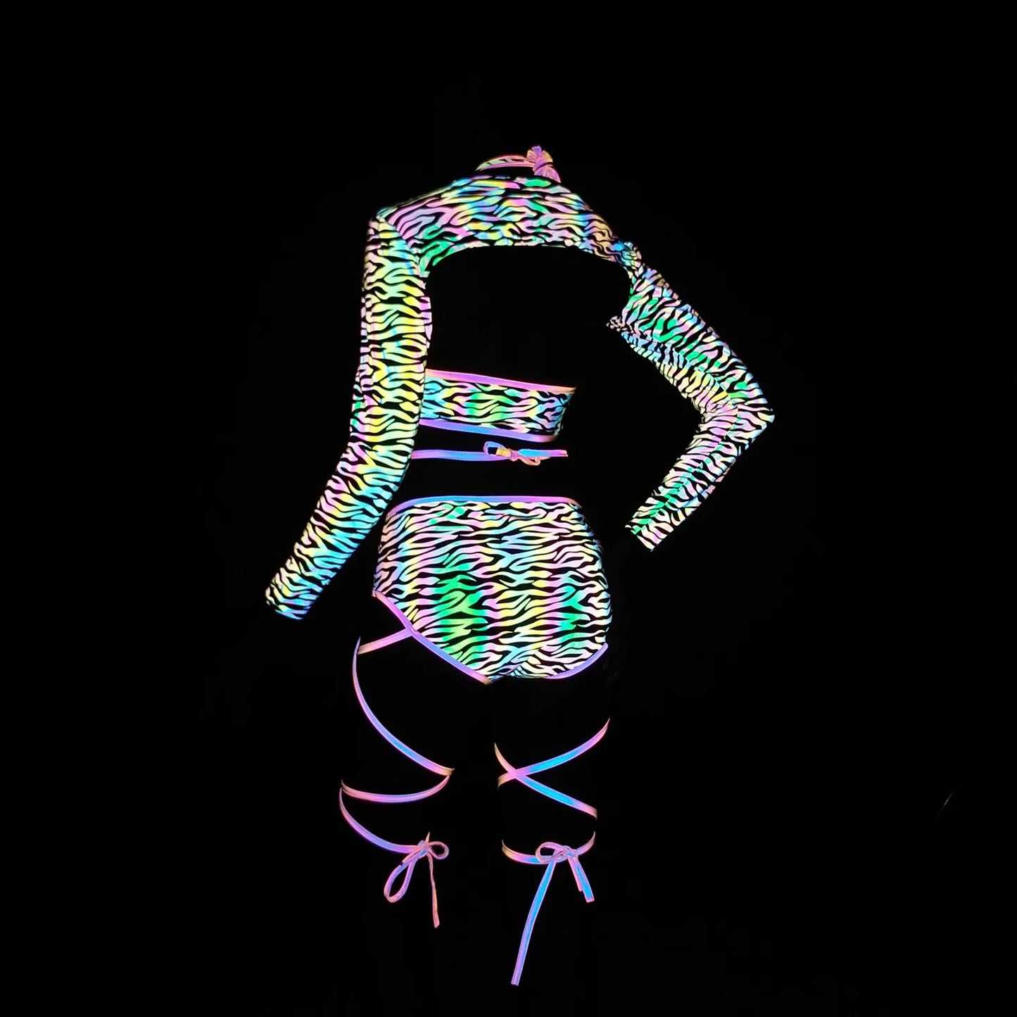 NEW Harajuku Rave Party Music Festival Night Clubwear Dancing Luminous Flashing Glowing Suit Set Fashion Women Colorful Reflective Set Bandage Shorts+Bra+Crop Top Tech Wear Fashion Clothing Supplies