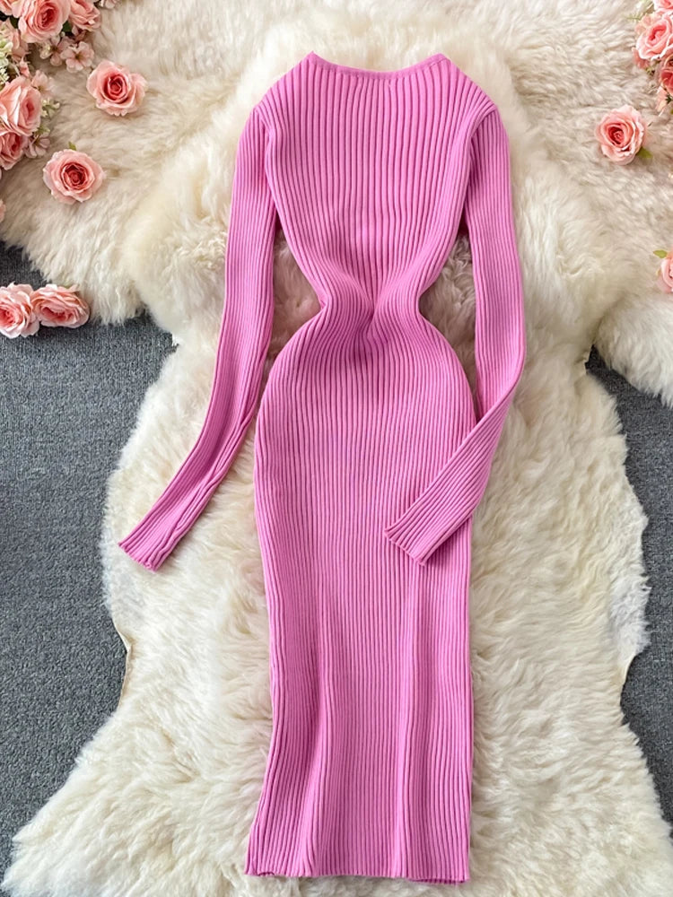 YuooMuoo Autumn Winter 2023 Women Dress Elegant Cross V-neck Slim Waist Knitted Bodycon Dress Korean Office Lady Vestidos