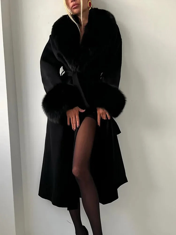 UK Size Black/White Mink Fur Overcoat + Brown/Black/Red Mini Hot Sexy Dress Patchwork Woolen Coat Women Full Sleeve V-Neck Lace Up Loose Long Overcoat Female Winter Commute Outerwear