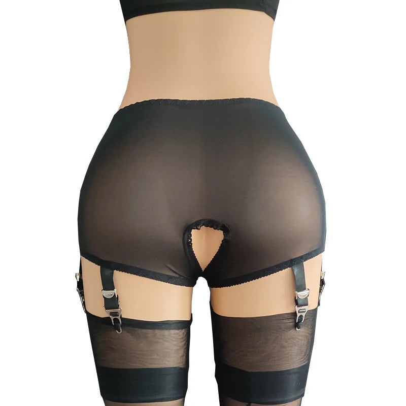 S-3XL Plus Size White/Black/Red Color Front/Back Open Crotch Panty Garter Belt for Stockings Lace Embroidery Sexy Mesh Suspenders Curvy Women Crotchless Garters Exotic Lingerie