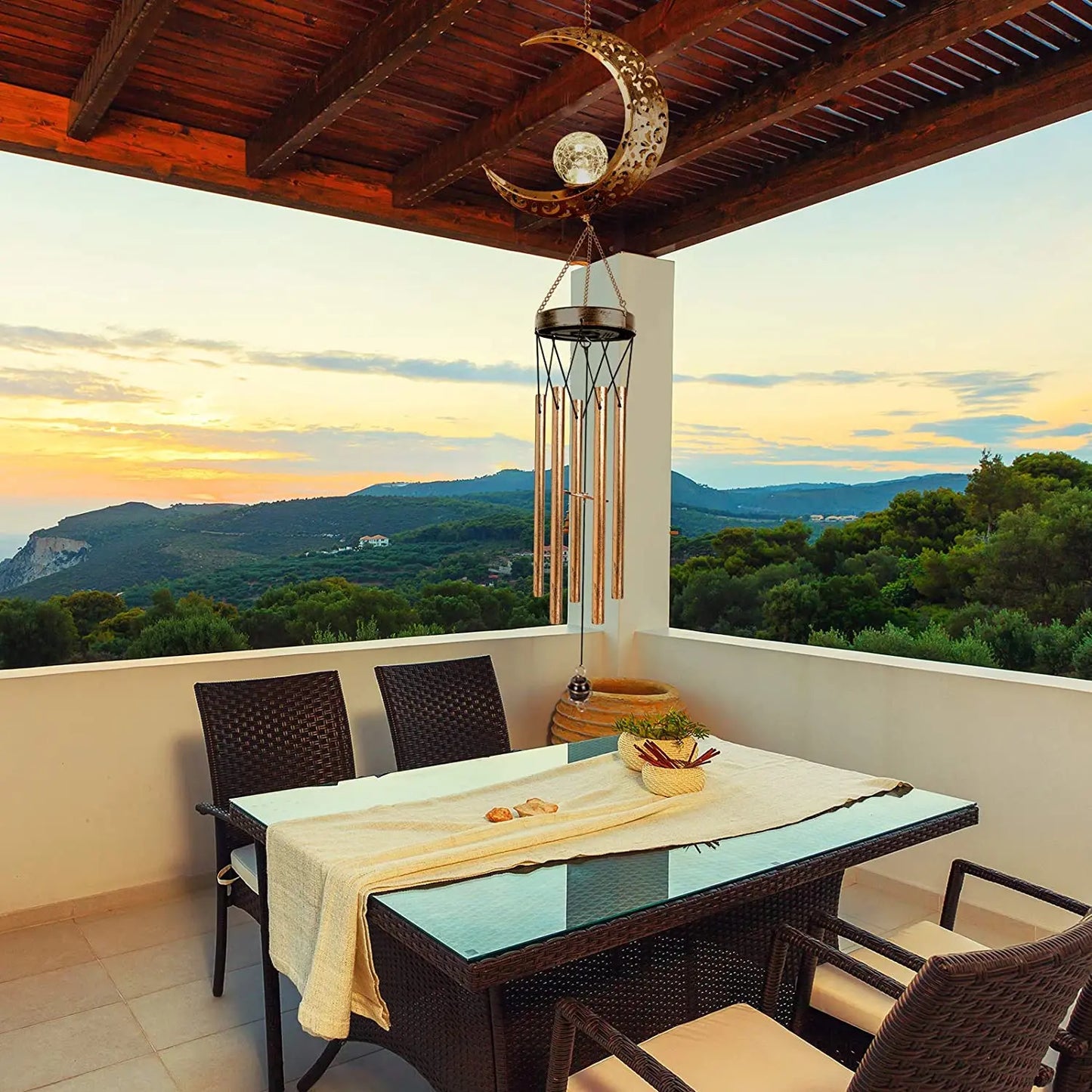 NEW Arrivals Moon/Star/Sun Wind Chimes Outdoor Glowing Moon Sun Stars Solar Glowing Wind Chime Metal Tubes Wind Bells for Home Decor Waterproof Chimes Gift