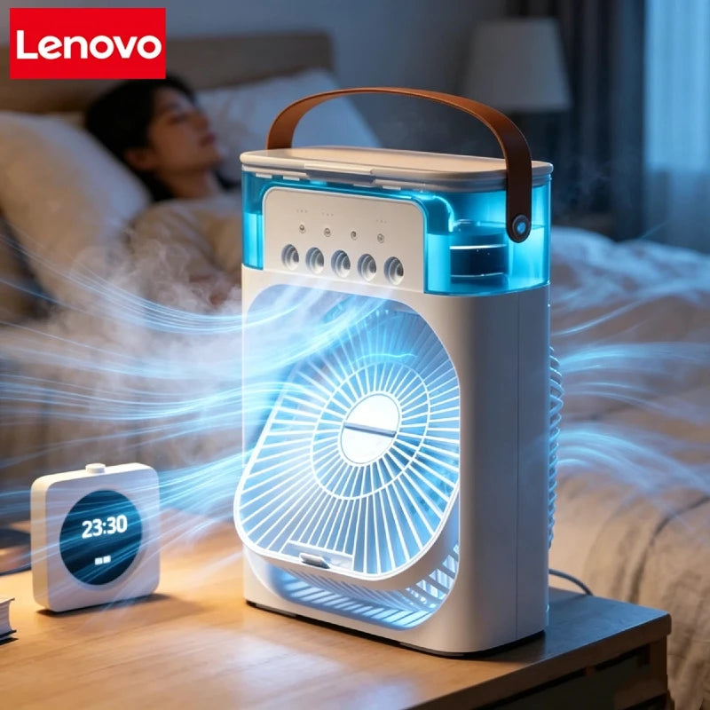 Original LENOVO 3 in1 Fan Air Conditioner Household Medium Whirlwind Turbo Air Cooler Led Night Light Portable 5 Nozzles Humidifier Air Adjustment Water Mist Fan Office Home Fan Air Cooling Supplies.