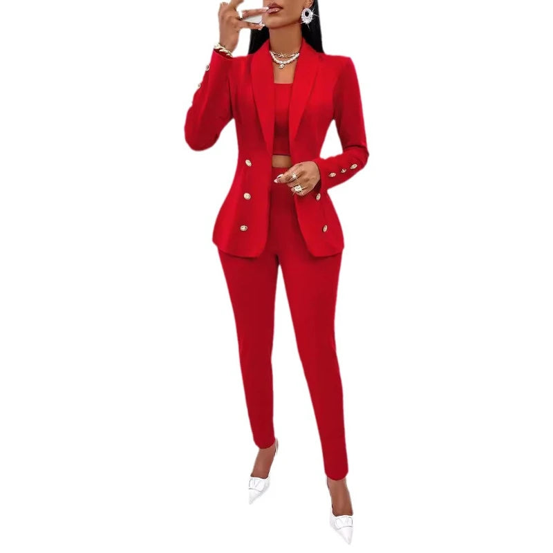 NEW Arrivals 3PCS Set UK S-2XL Size Women Luxury Strapless Y2K Tops Pants Coat Full Sleeve Blazer Turn Down Collar Coats Long Pants High Waist Matching Sets