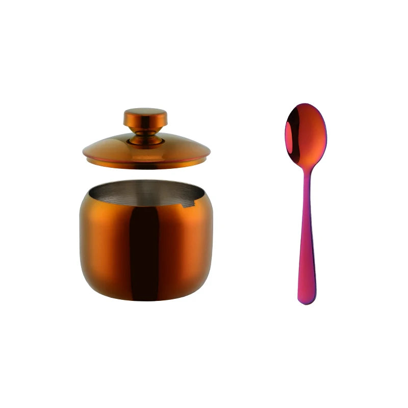 3 PCS Luxury Set + 3 Matching Spoons 304 Stainless Steel Gold Seasoning Condiment Pot Set Spice Salt Sugar Container Pepper Jar Tool with Lid and Spoon Holder Rack Home Tableware Tools Sets