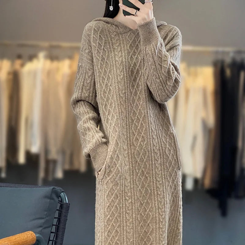 Thickened 100% Cashmere M-XL Warm Dress Knitted Pure Wool Long Hooded Sweater Mid-Length Commute Style for Women Autumn Winter New Arrivals