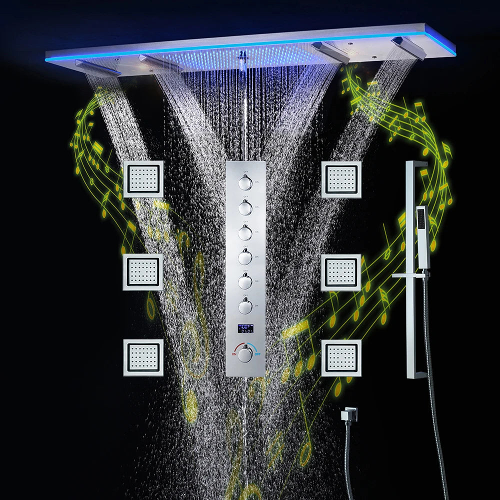 NEW Luxury Shower for Home Villa Hotels M47*12 Inch LED Lighting Large Black Shower Head Rainfall Bathroom Faucet Hot Cold + Music Shower System Set Smart Device Showers Mixer